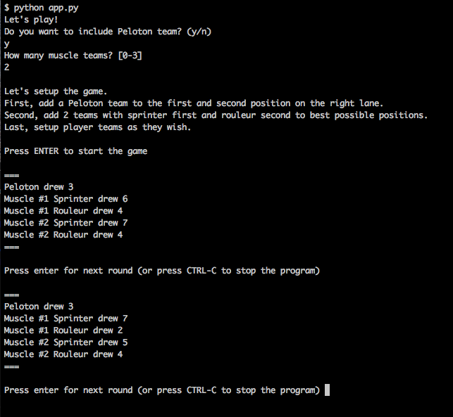 Text output of Flamme Rouge Bot Companion cli tool