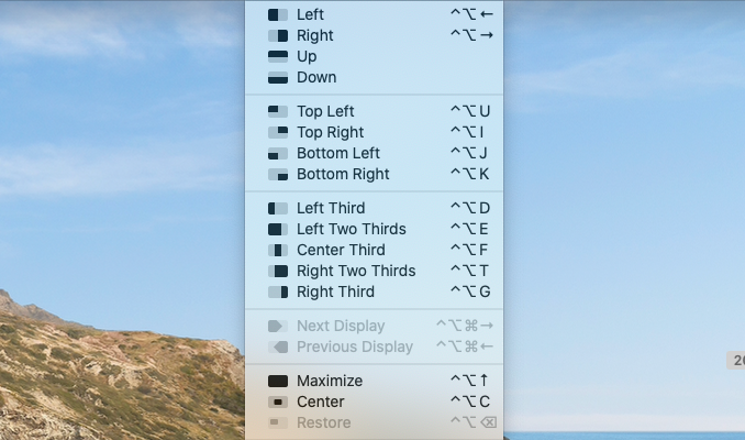 An application menu showing different options for moving a window