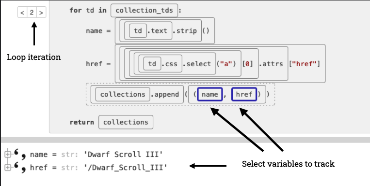 A closeup on birdseye debugger with two expressions, name and href selected and their values visible at the bottom of the screen. Loop iteration is 2. 