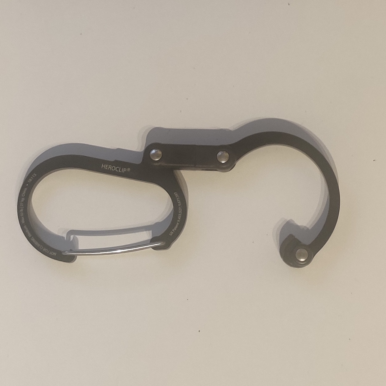 A Heroclip carabiner with an extra hook extended 
