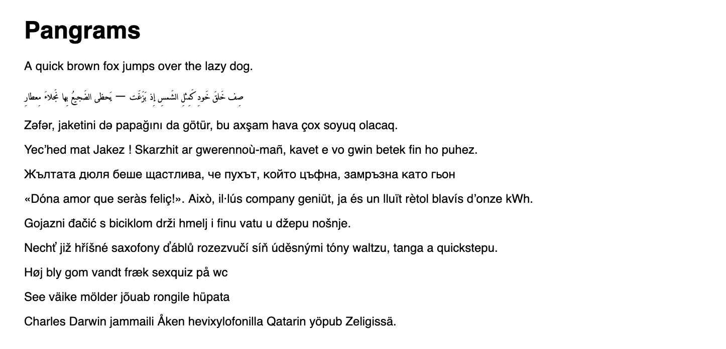 A list of pangrams in different languages in Helvetica, all working fine 