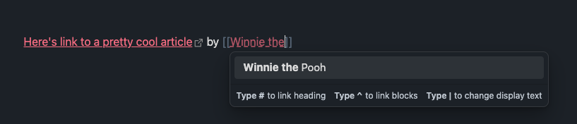 A note in Obsidian showing an autocomplete for backlink Winnie the Pooh