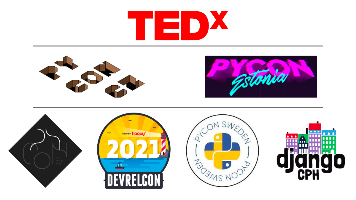 A collage of event logos with TEDx, PyCon CZ, PyCon Estonia, PyCon Finland, DevRelCon 2021, PyCon Sweden and Django CPH