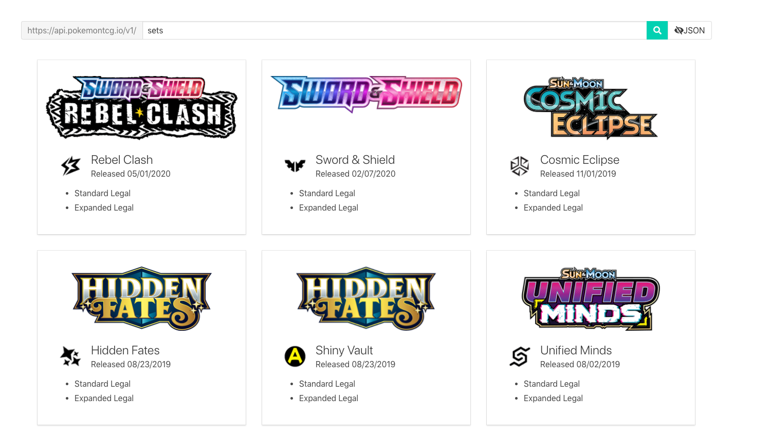 Screenshot of PokemonTCG.io page listing information of published card sets