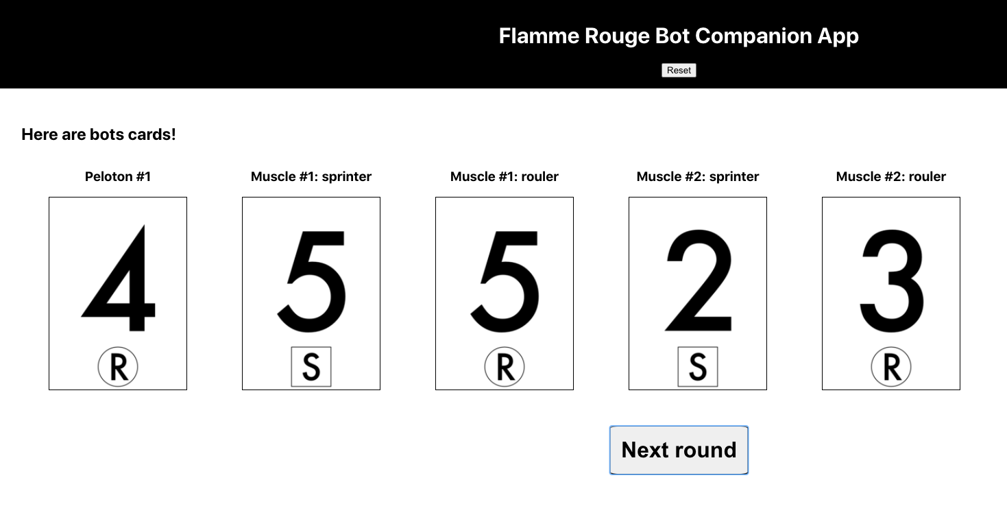 Flamme Rouge Bot Companion web app showing cards 4, 5, 5, 2 and 3
