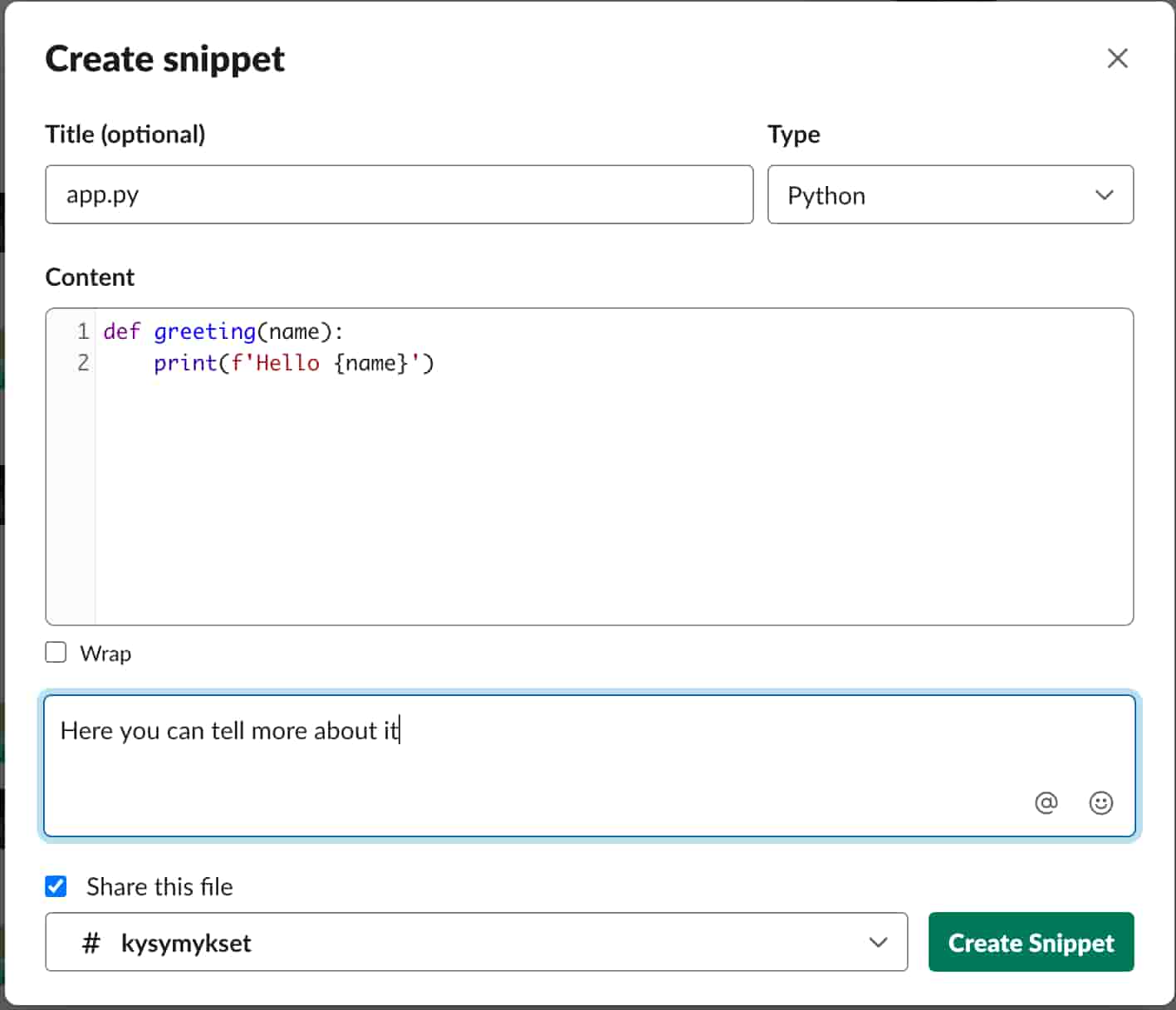 Slack's Code Snippet modal with example Python code