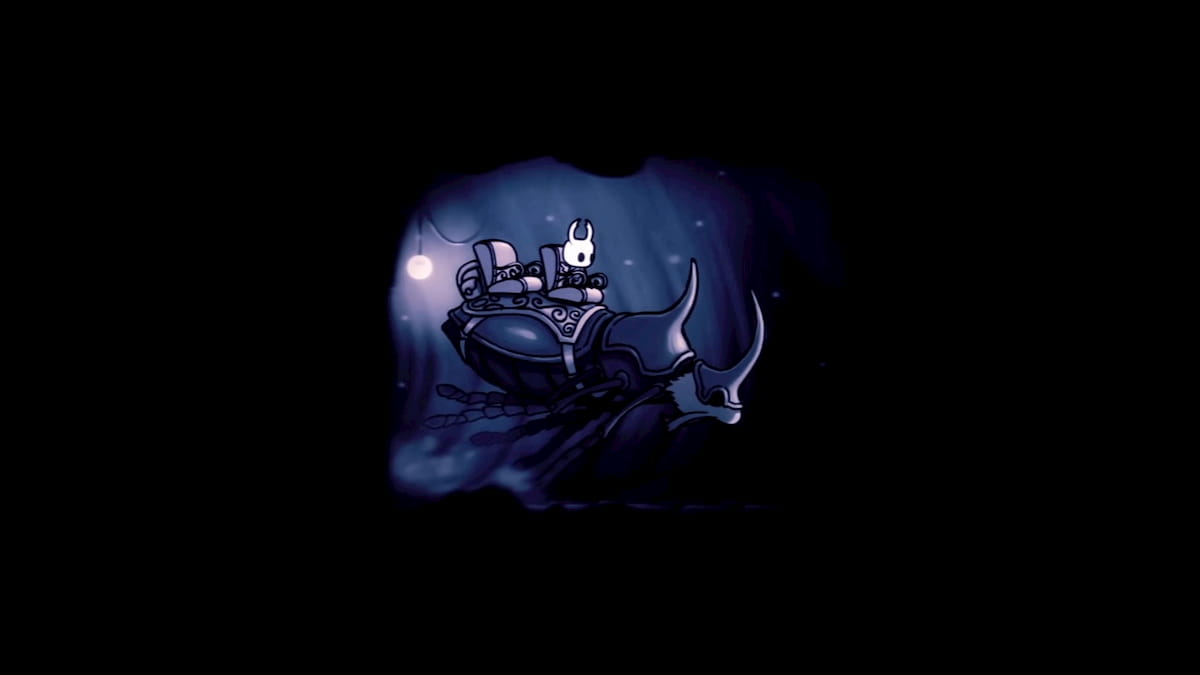 Hollow Knight's protagonist traveling on a stag in a dark dungeon