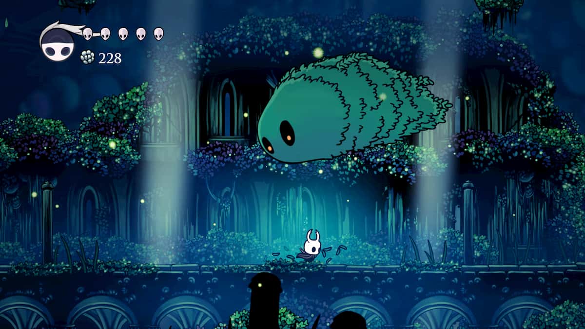 Moss Charger jumping over Hollow Knight