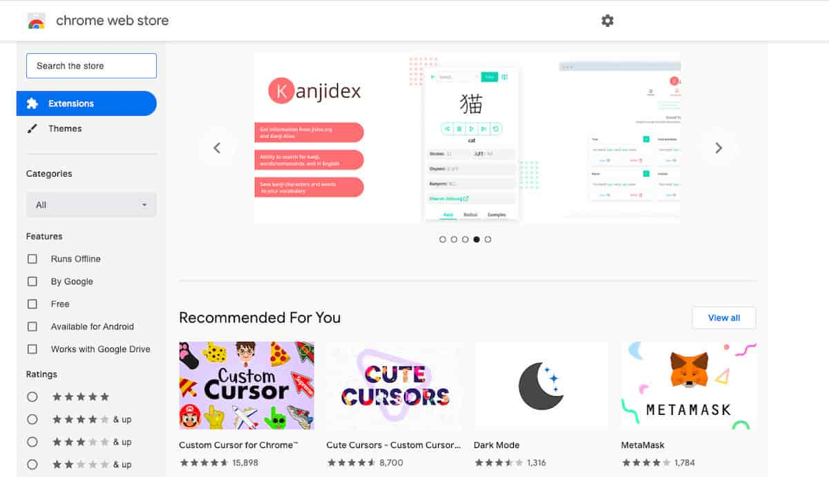 Google Chrome Web Store featuring Kanjidex Chrome app