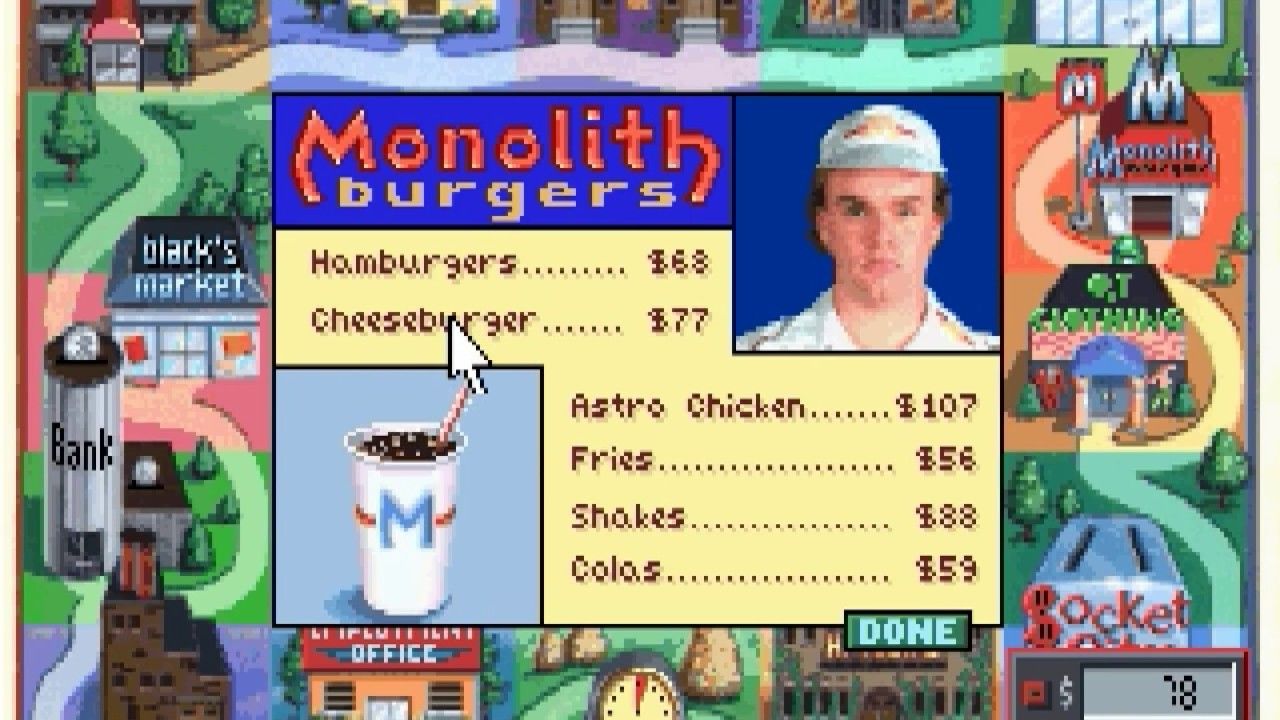 Monolith Burgers menu with hamburgers and fries in Jones in the Fast Lane