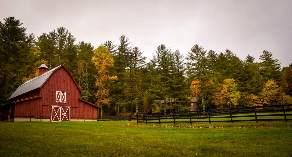A red barn in front of a forest and yard