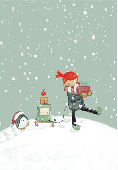 Christmas card with Ruby, computer and Tux walking in snowfall