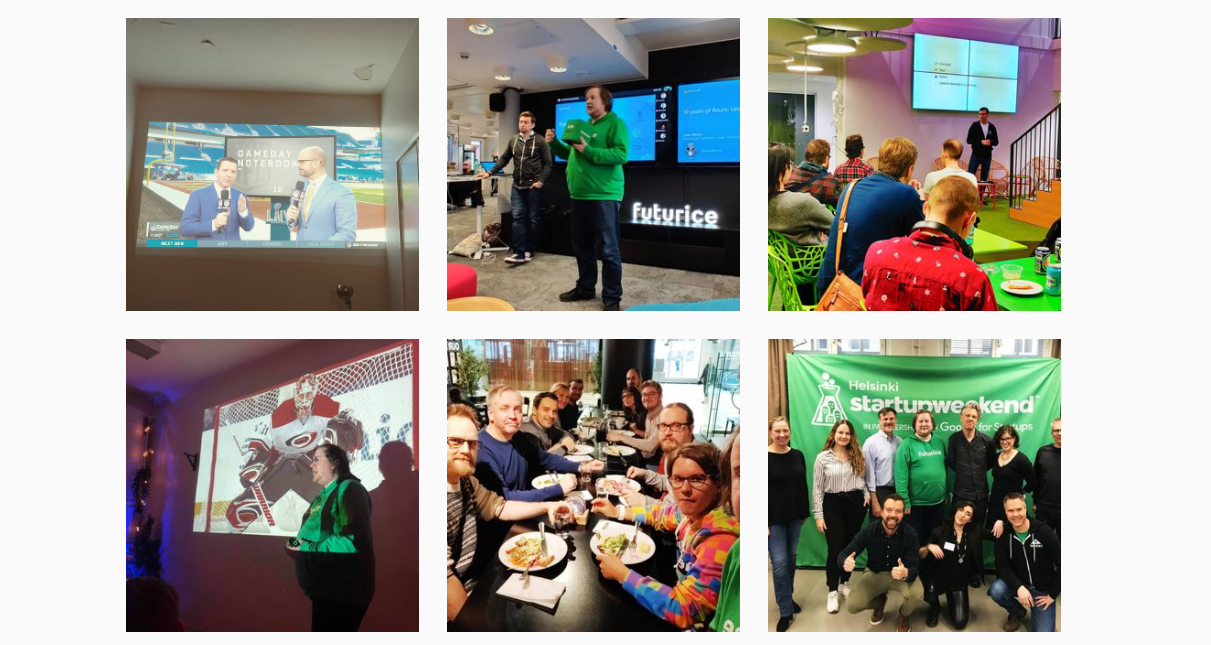 A collage of pictures from various developer events with people and screens