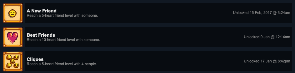 Three unlocked achievements with different levels of friendship requirements