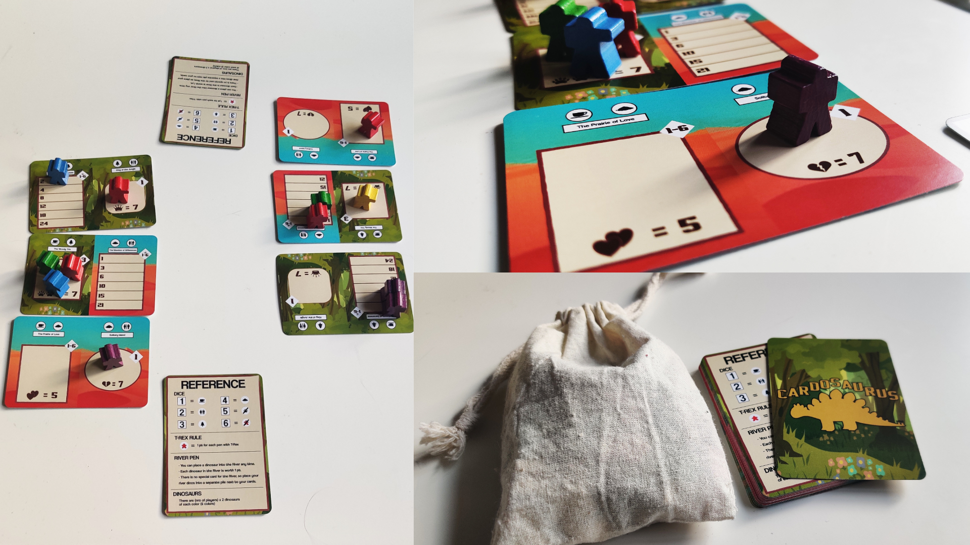 Collage of three pictures: left showing a two player game with 6 cards and some meeples, top right showing a close up of a meeple on a card and bottom right with cloth bag and pile of cards