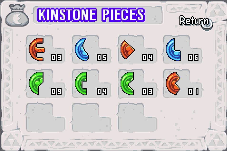 An inventory menu showing different amounts of red, blue and green pieces of Kinstones