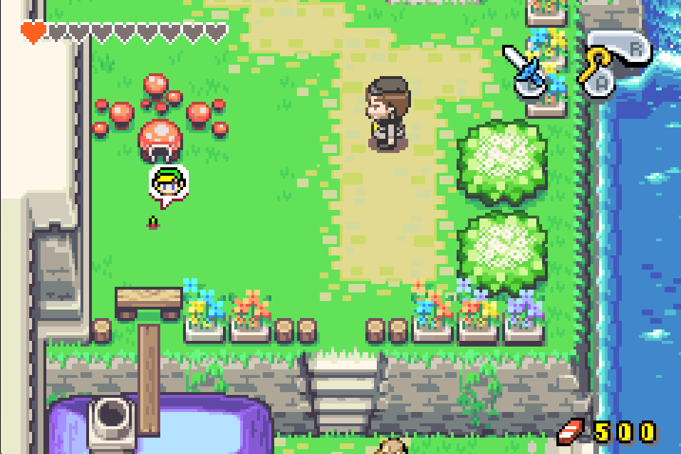 An outdoors scene from Minish Cap showing tiny Link next to a full-sized NPC and a small mushroom house