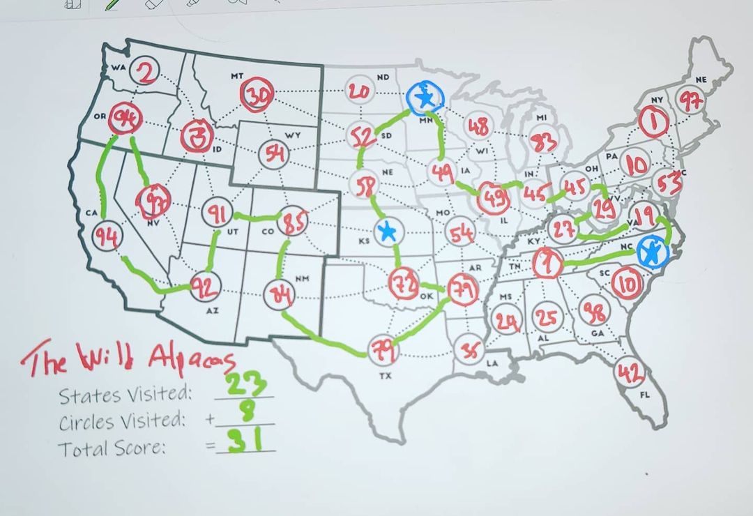 A filled in map of On Tour with 23 states visited and score of 31