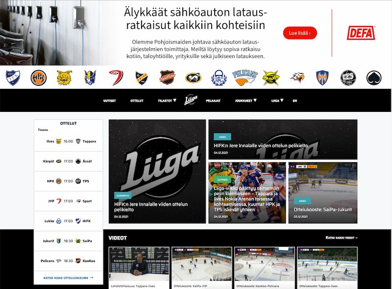 Screenshot of Liiga.fi with ad banner at top and lots of article/video pieces taking most of the space