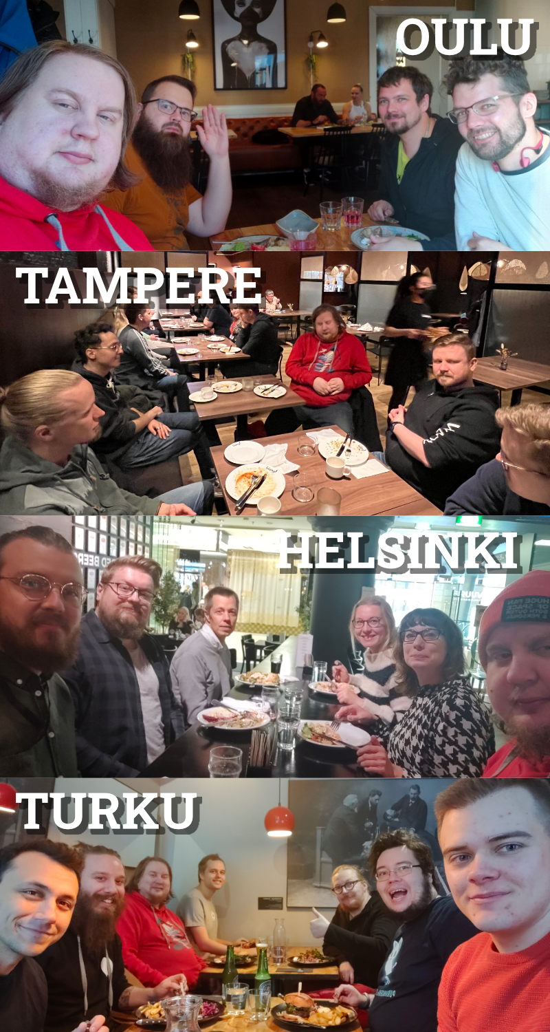 Four pictures of people eating lunch with texts Oulu, Tampere, Helsinki and Turku on top of images in that order