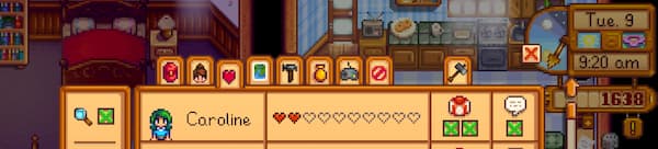 A game UI showing Caroline with 2 hearts while the calendar is showing Tuesday 9th