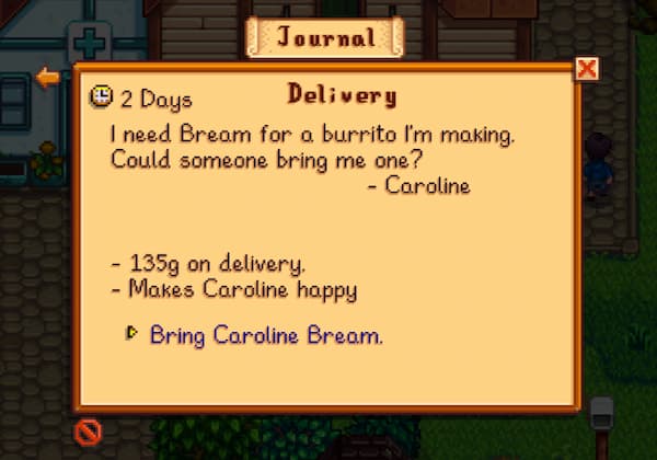 A delivery quest with 2 days to go, Caroline wants a Bream