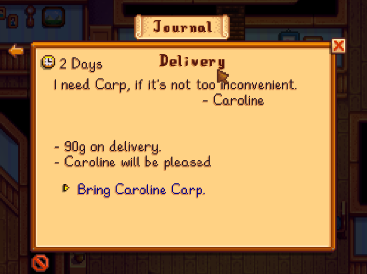 A delivery quest where Caroline wants a Carp
