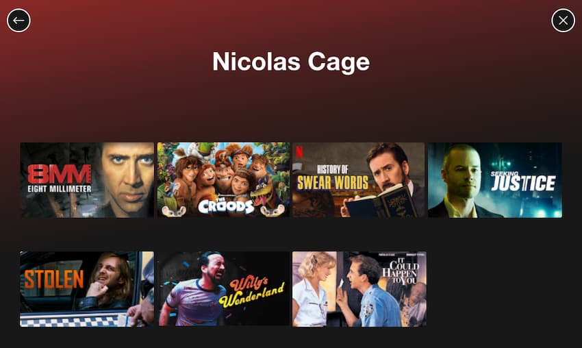 Netflix view for Nicolas Cage's actor page