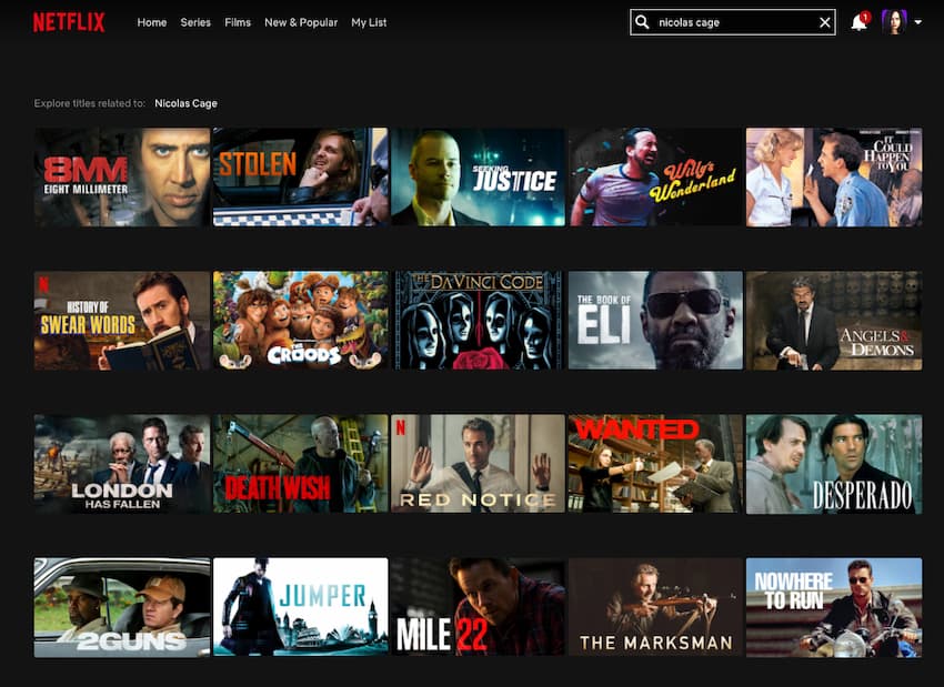 A Netflix search view with Nicolas Cage query showing 20 movies, not all featuring Nic Cage.