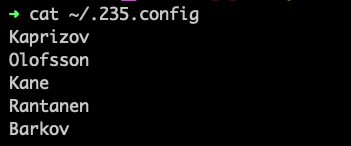 Terminal output of file .235.config with five last names listed