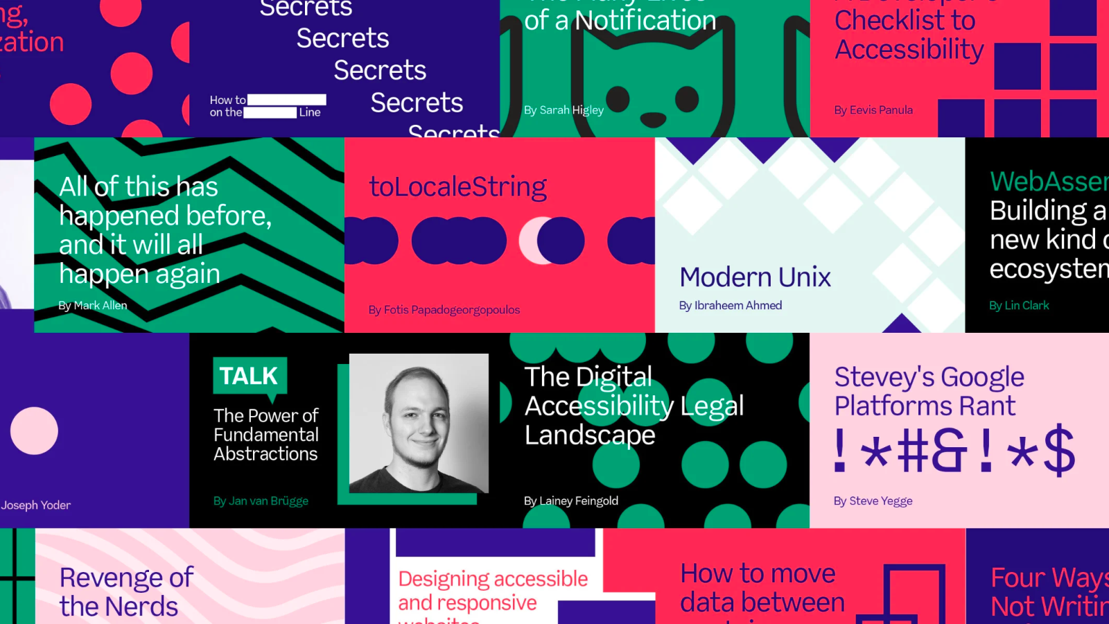 A collage of colorful banners with various titles of articles, blog posts and tech talks