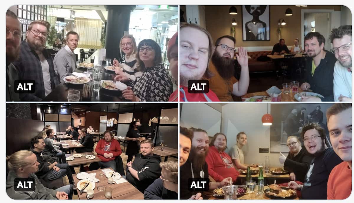 Four panel picture with each of the panels showing a different group of people eating lunch