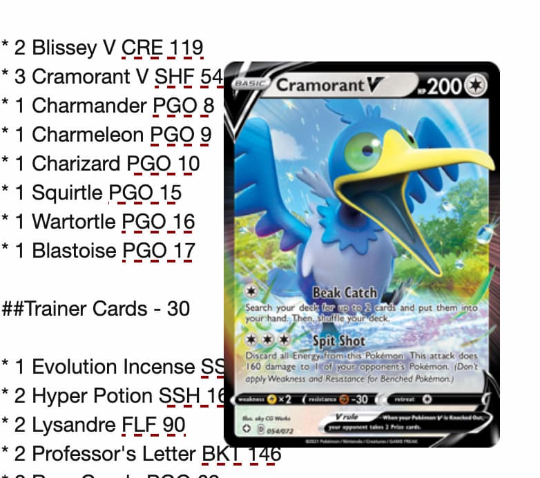Pokemon TCG decklist in the background with Cramorant V card on top of the content as mouse hovers over Cramorant's code in the list