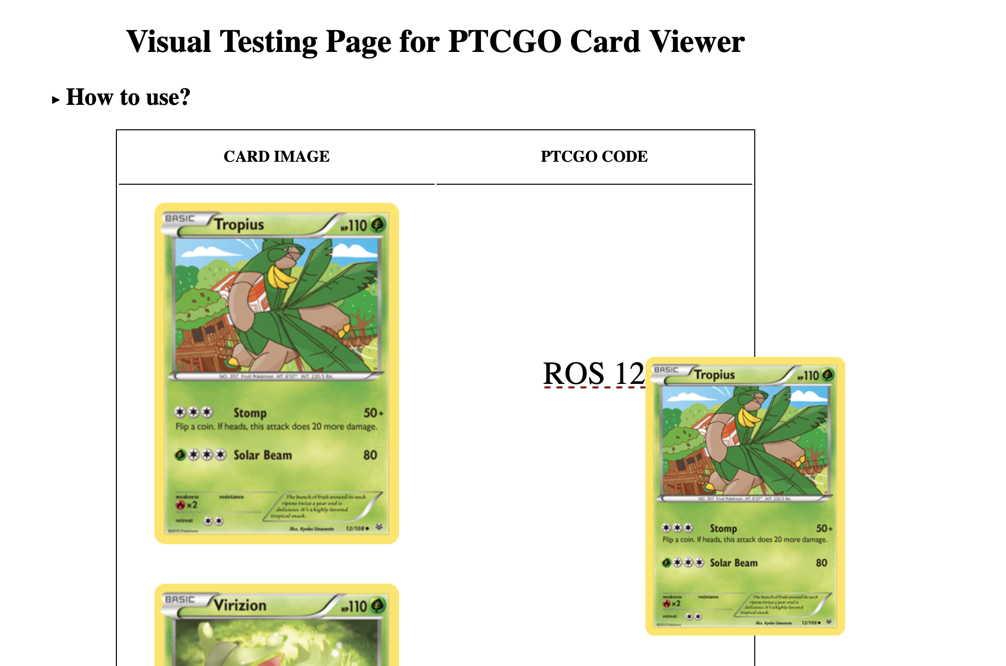 Screenshot of page with title "Visual Testing Page for PTCGO Card Viewer", a table with a Tropius card image and text ROS 12 underlined. Next to the text, a smaller version of the same image as before next to it.