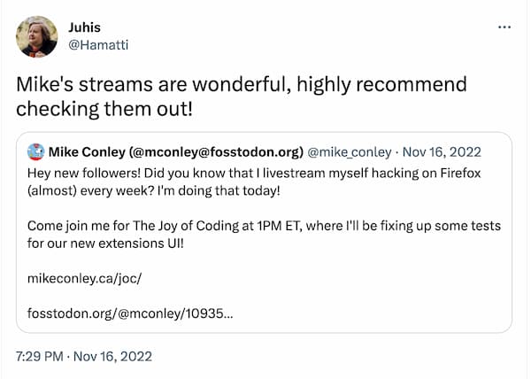 Me quote tweeting Mike Conley's tweet. Mike's original tweet is an announcement on his upcoming livestream and my quote tweets says "Mike's streams are wonderful, highly recommend checking them out!"
