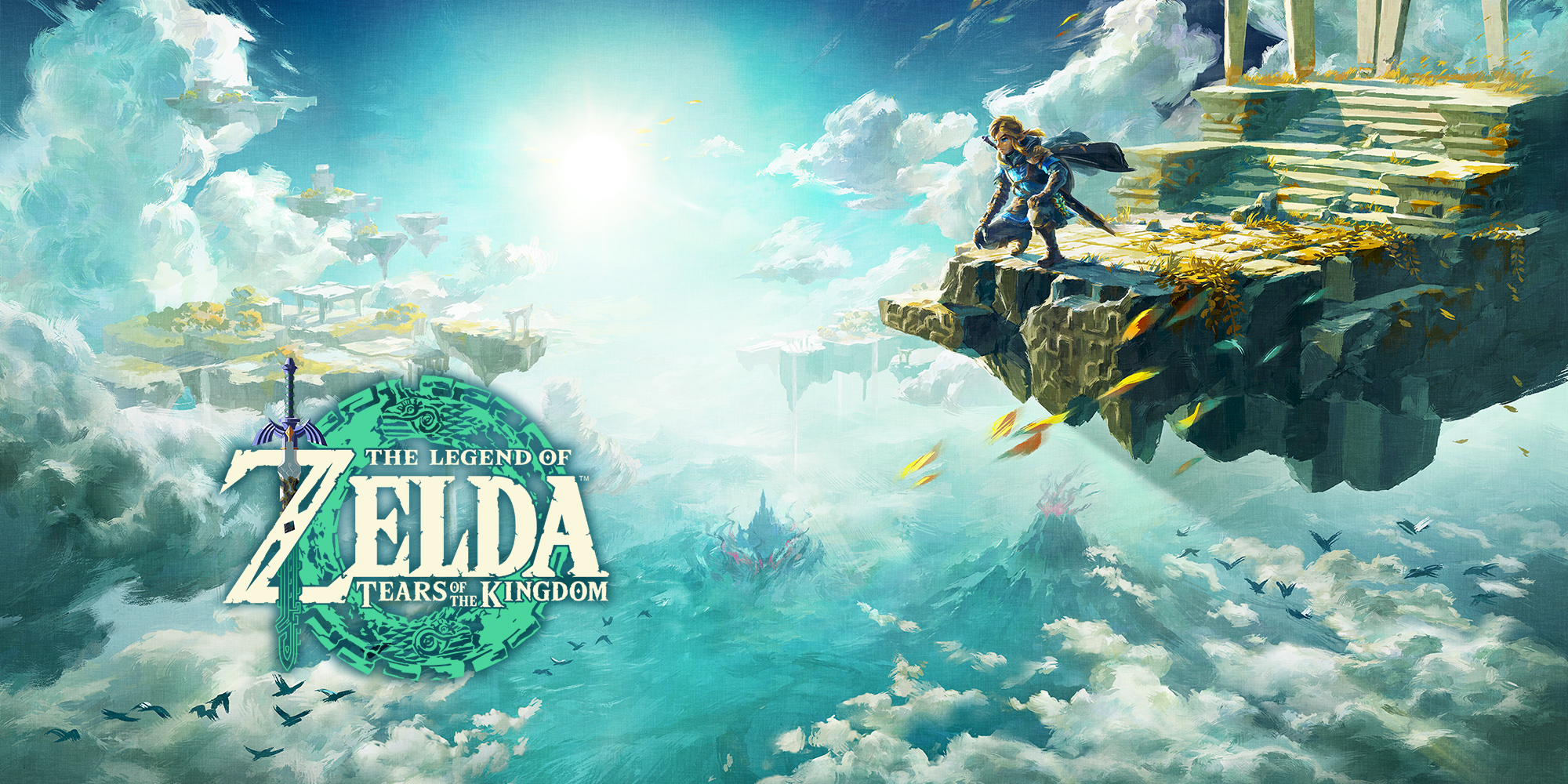 The Legend of Zelda: Tears of the Kingdom poster with Link crouching on the edge of a sky island piece