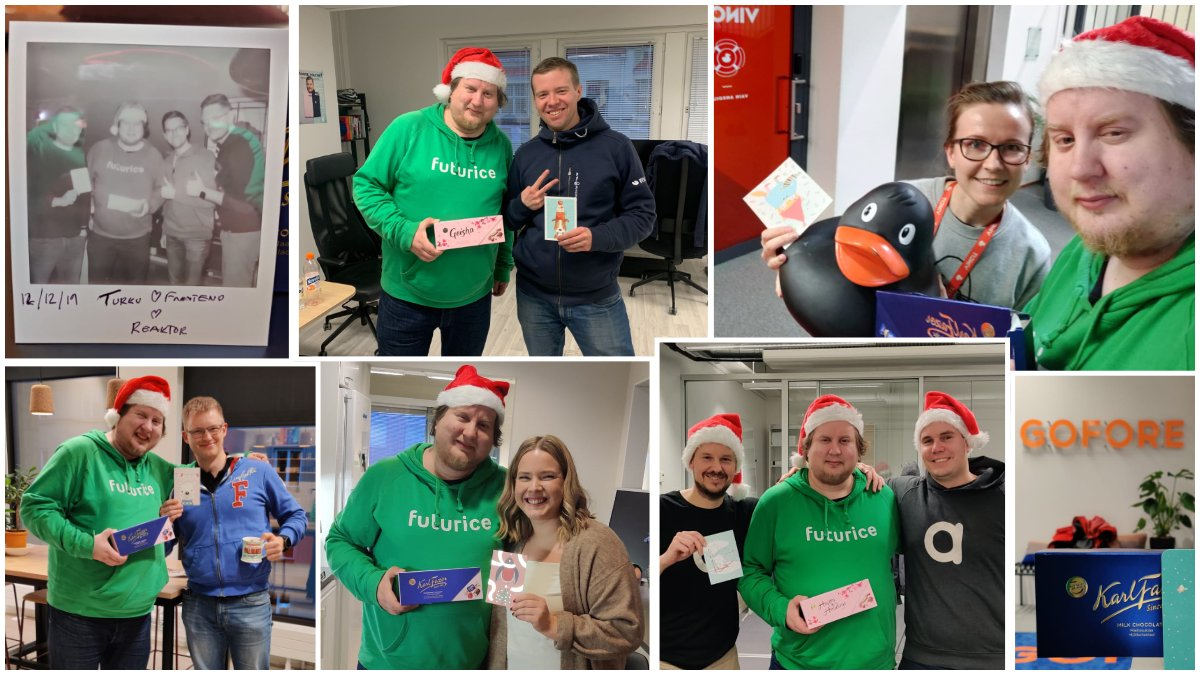 A photo collage of Juhis in various group photos with Santa hats, chocolate boxes and Christmas cards