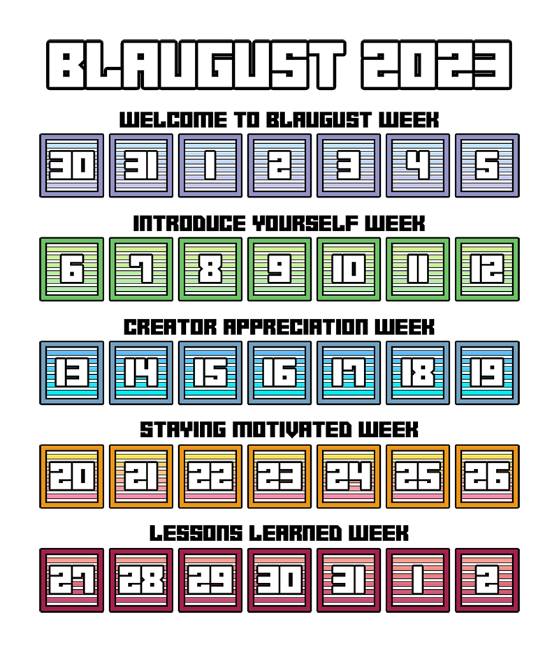 A colorful August calendar with each week having a different color and themes, starting from week 1: Welcome to Blaugust week, Introduce yourself week, Creator appreciation week, Staying motivated week and Lessons learned week
