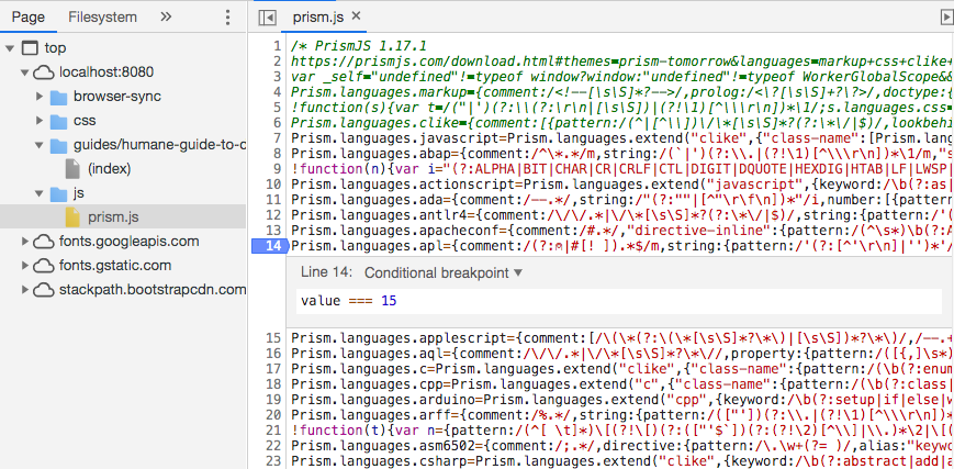 Screenshot of setting conditional breakpoint in Chrome