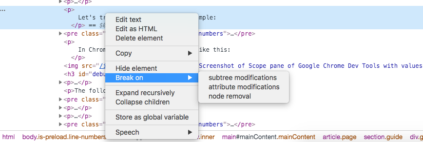 Screenshot of setting
  a DOM breakpoint in Chrome