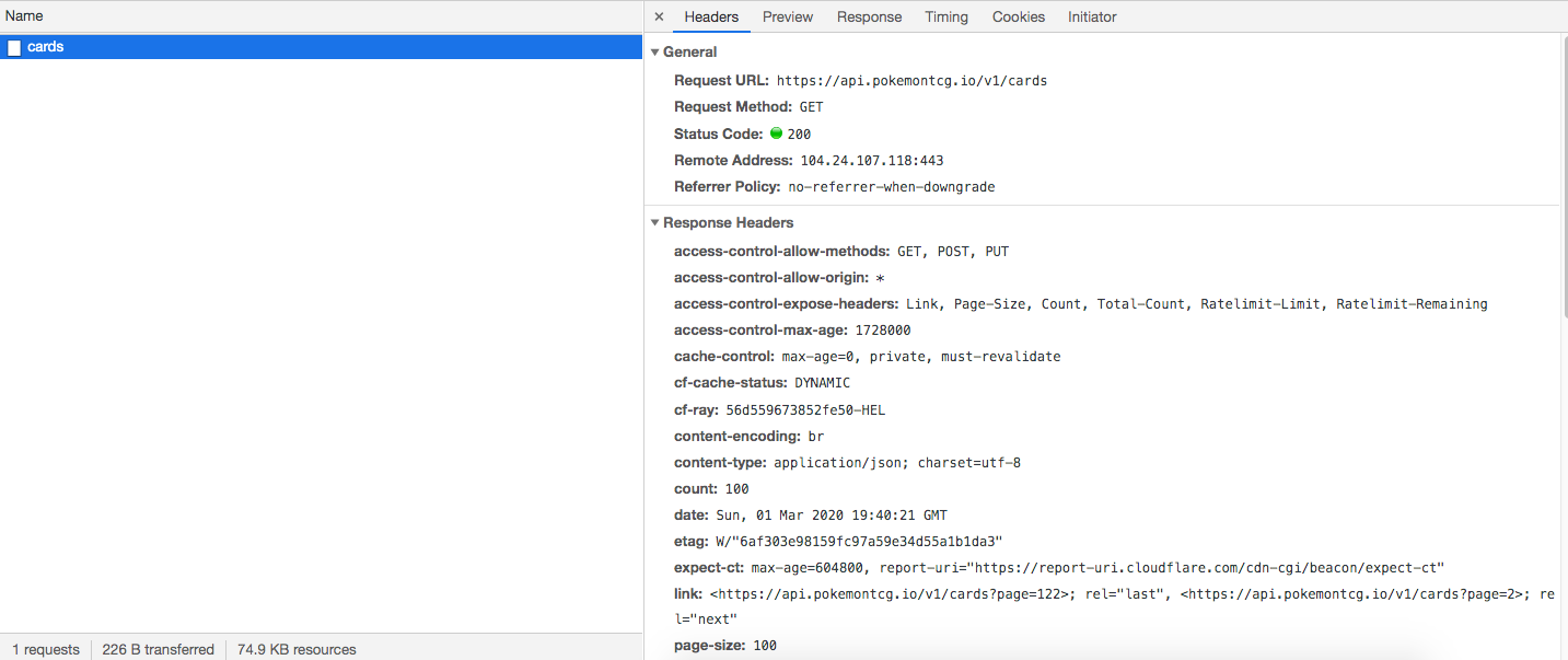 Screenshot of HTTP request to
  PokemonTCG.io API