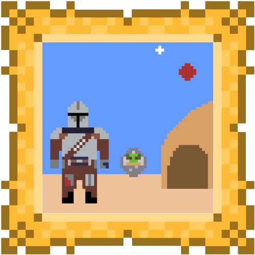 Pixel art scenery with Mandalorian and Baby Yoda in Tatooine