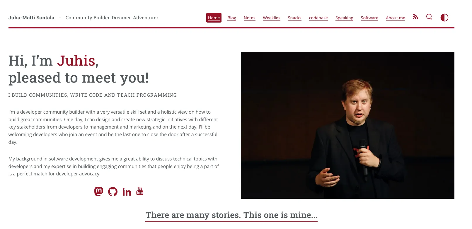 Frontpage of hamatti.org website with a white background and a ruby red accent color for borders, highlights and links