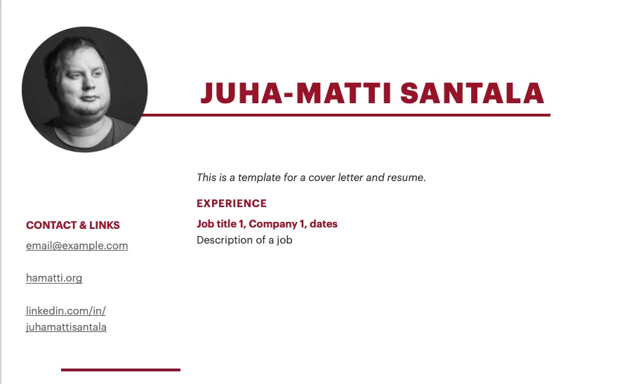 Cover letter template with heading Juha-Matti Santala on ruby red, base text on black and subheadings on ruby red.