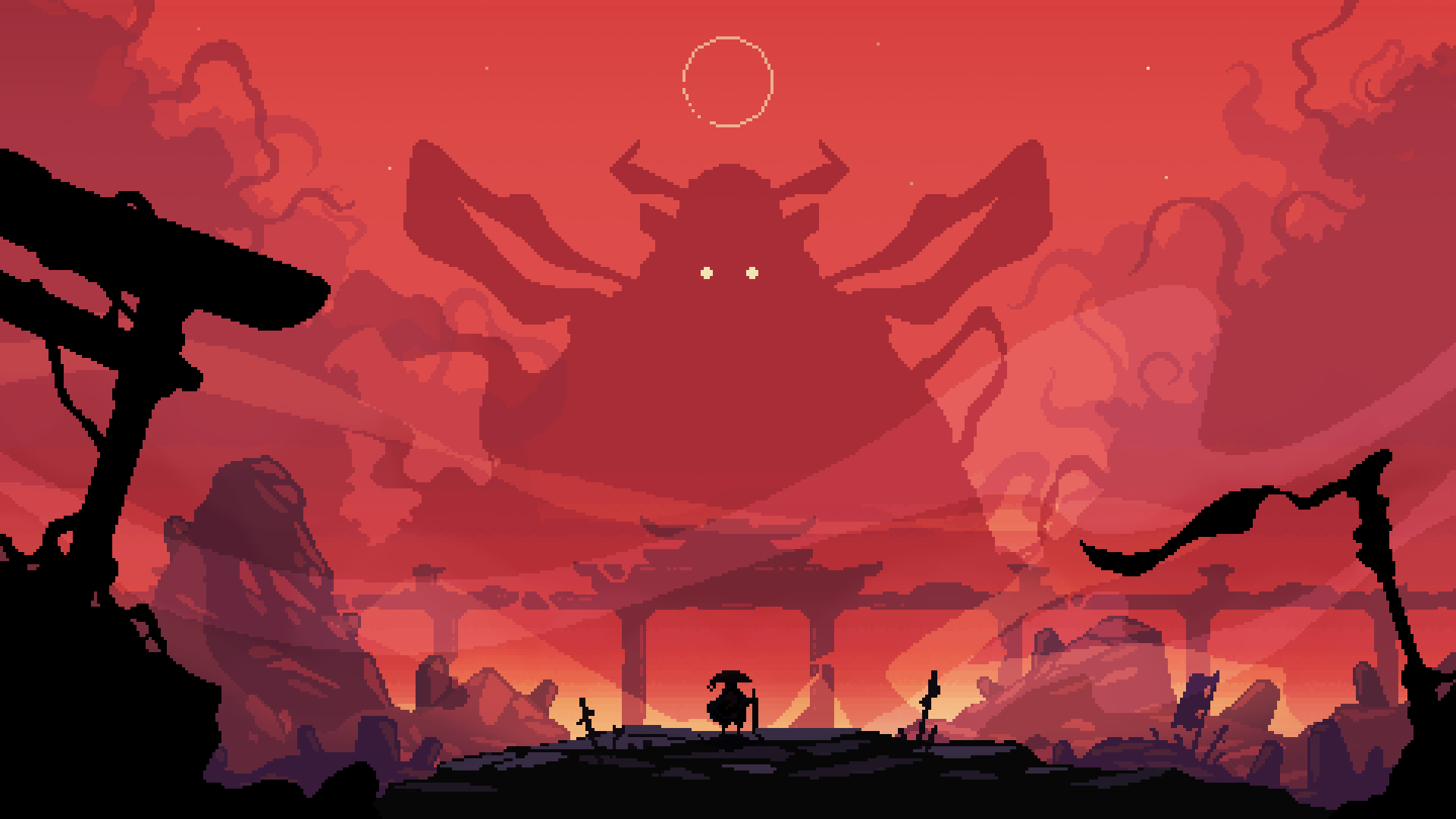 Shogun Showdown banner with a small shogun warrior standing in ruins with a massive shadow of a shogun in the horizon 