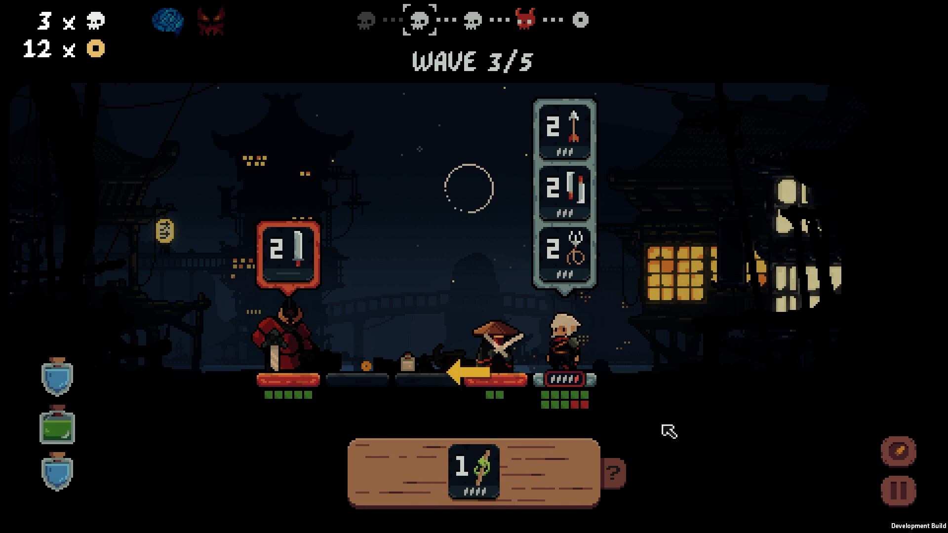 A combat in Shogun Showdown with two enemies and a player character ready to strike 