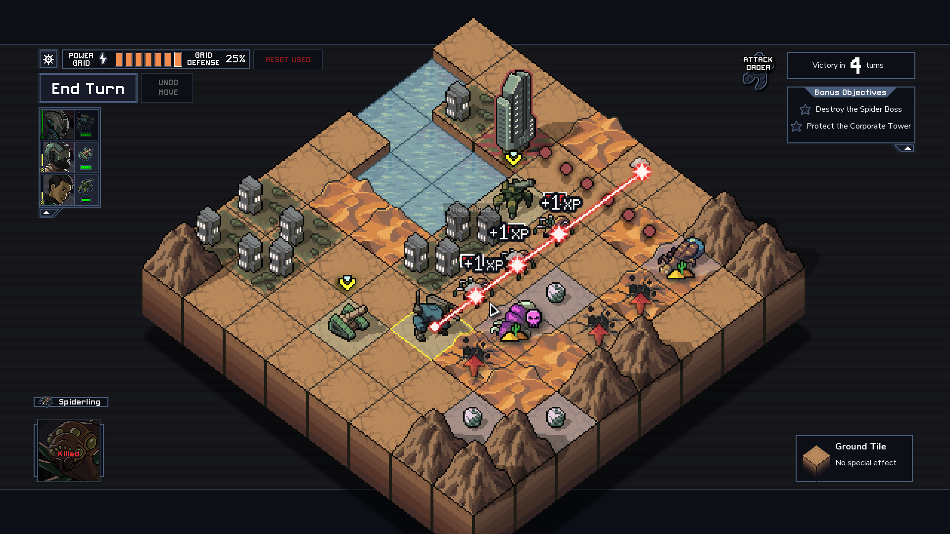 Into the Breach battle field with player’s war machine hitting bunch of enemies with a laser 