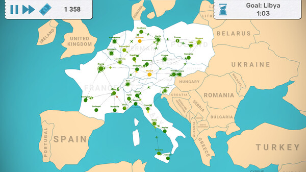 Map of central and southern Europe in Fly Corp with the central European countries active and bunch of flight routes connected between the cities 