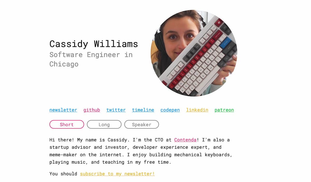 Screenshot of Cassidy Williams’s website at  