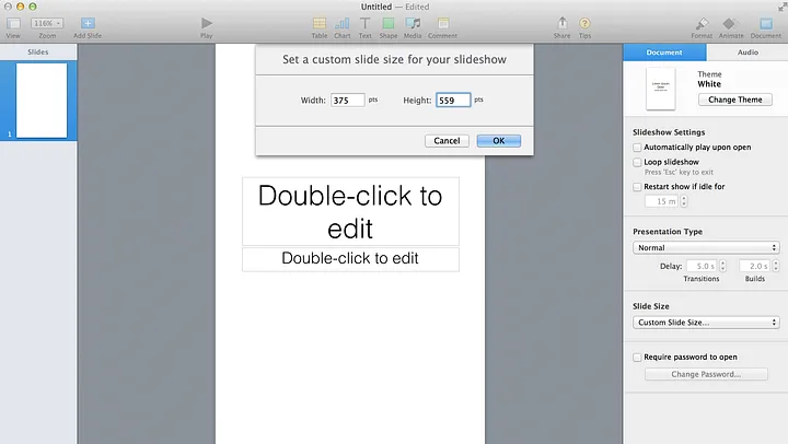 Keynote app with Set custom slide size setting open and set to 375 x 559 pixels